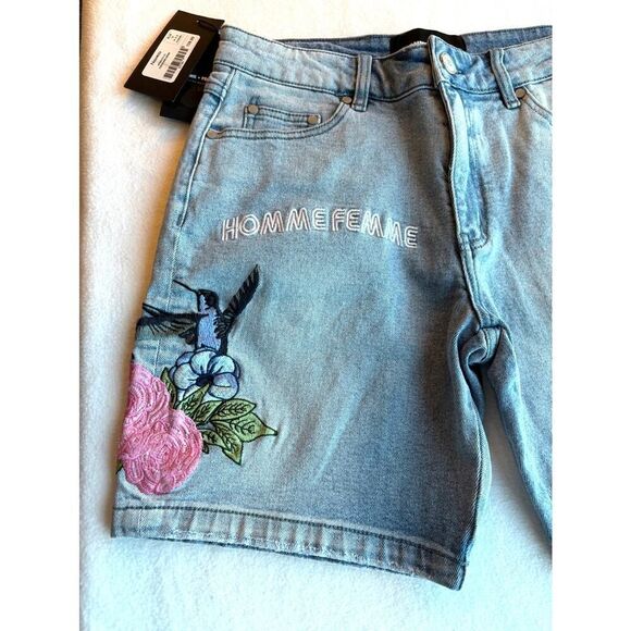 NWT Homme+FEMME Nouveau Paradise Cotton Denim Shorts Embroidered Floral $138 30 - Picture 2 of 7